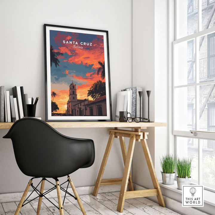 Santa Cruz South America Print | Bolivian City Wall Decor framed in a modern workspace with stylish desk and chair.