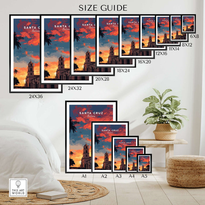 Santa Cruz South America Print | Bolivian City Wall Decor size guide showcasing various frame sizes for the artwork.