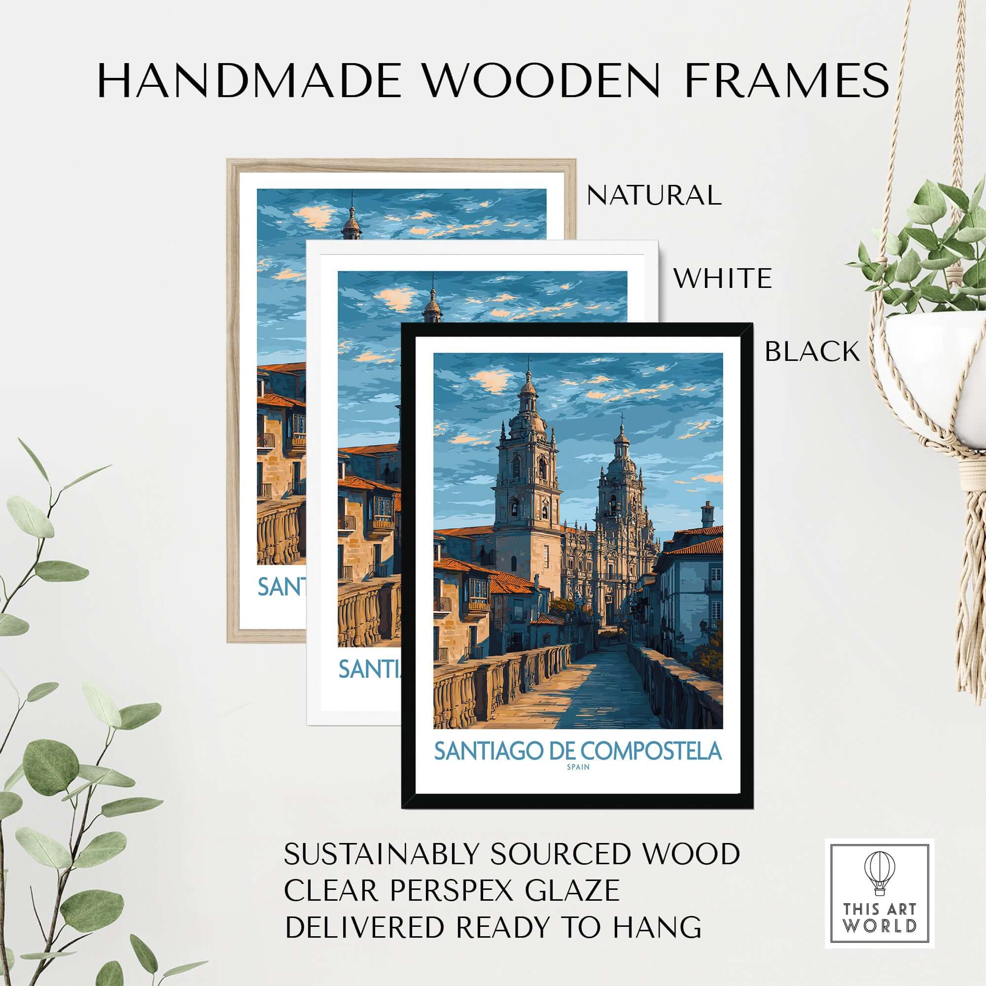 Handmade wooden frames for Santiago de Compostela Art Print | Galician Travel Poster in natural, white, and black.