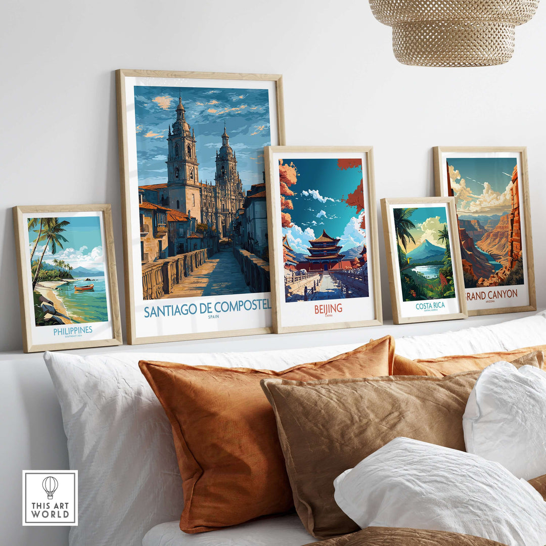Santiago de Compostela Art Print | Galician Travel Poster displayed among other travel art prints in a stylish home setting.