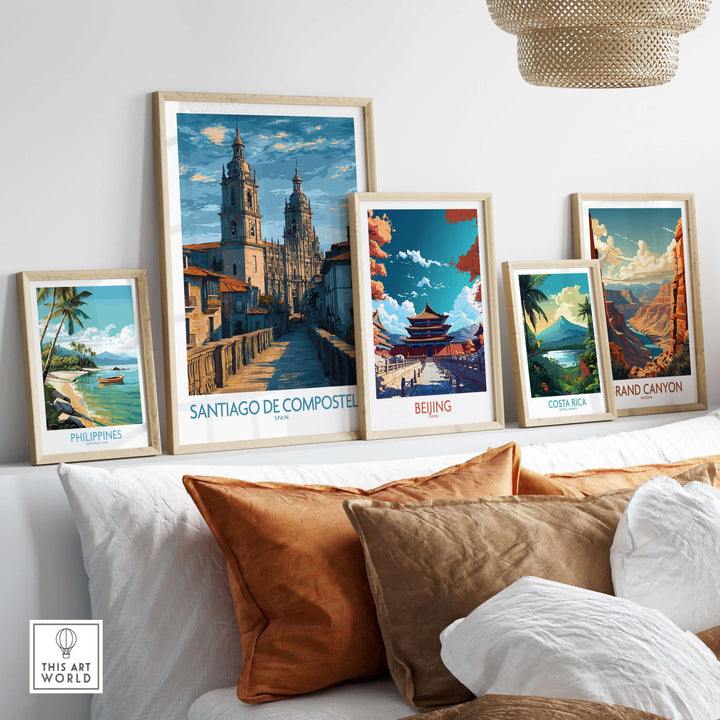 Santiago de Compostela Art Print | Galician Travel Poster displayed among other travel art prints in a stylish home setting.