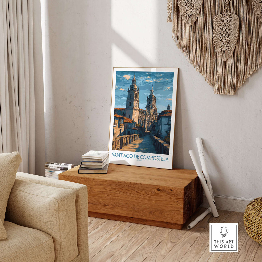 Santiago de Compostela Art Print | Galician Travel Poster displayed in a cozy room with wooden decor.