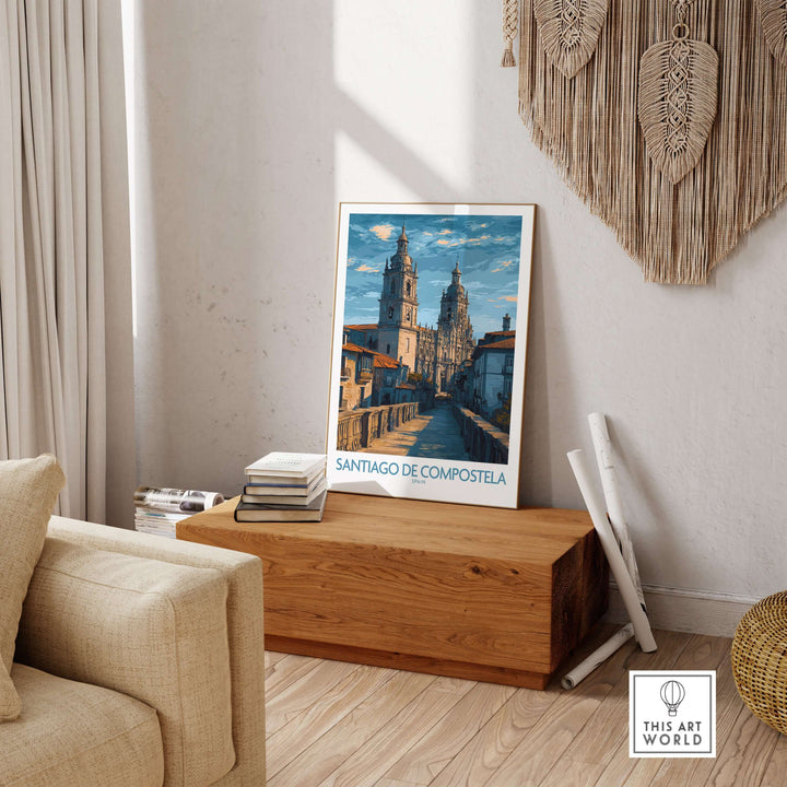 Santiago de Compostela Art Print | Galician Travel Poster displayed in a cozy room with wooden decor.