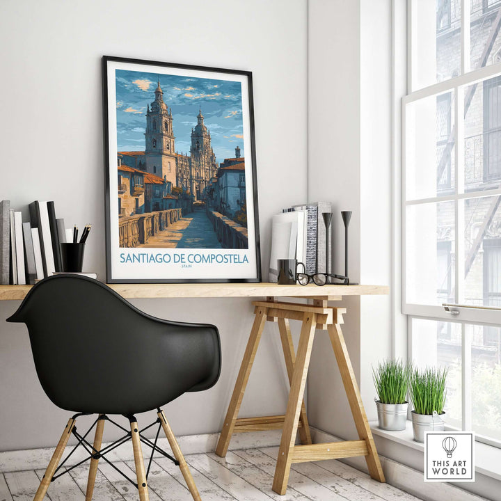 Santiago de Compostela Art Print | Galician Travel Poster displayed in a stylish workspace with a view.