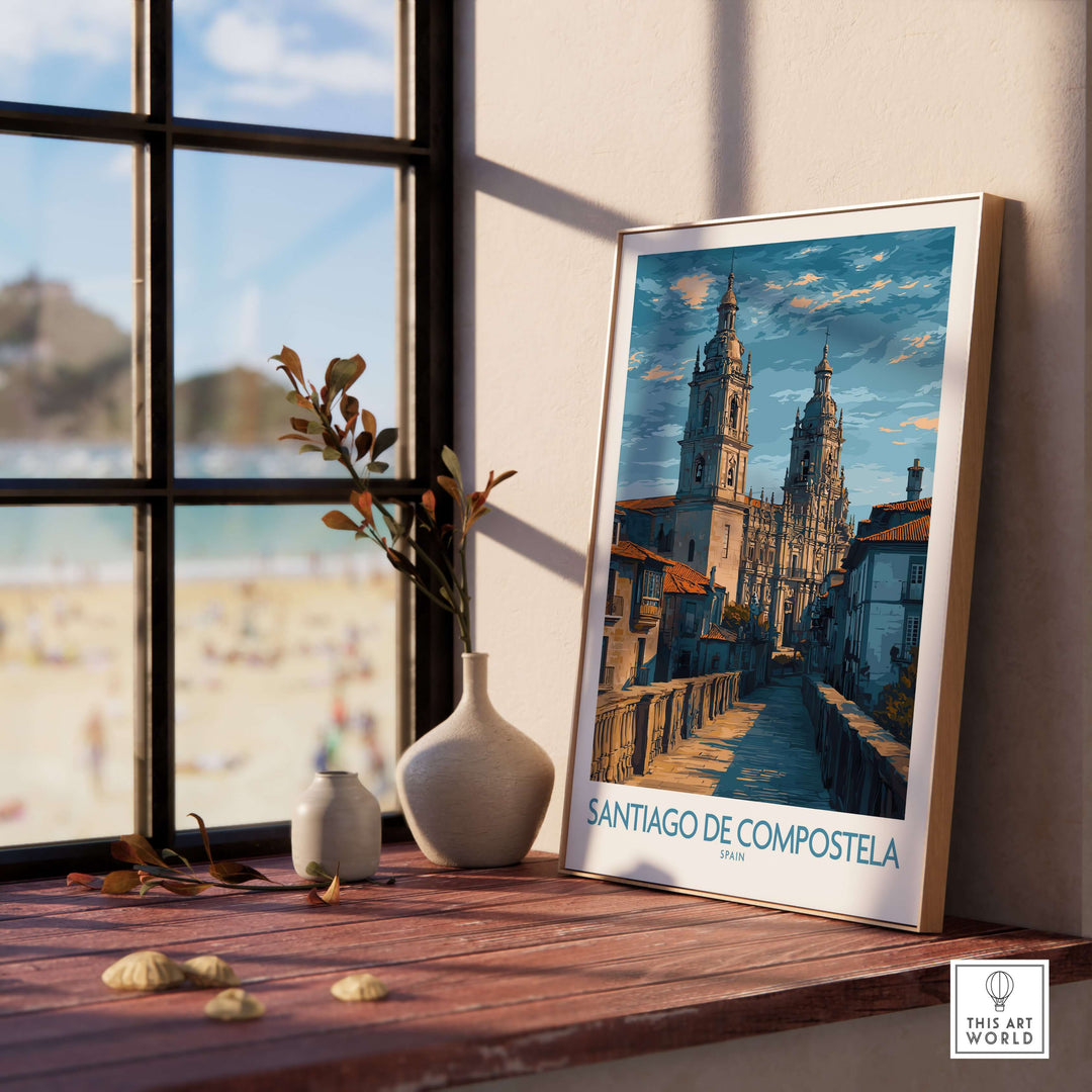 Santiago de Compostela Art Print | Galician Travel Poster displayed in a bright room with a beautiful view.