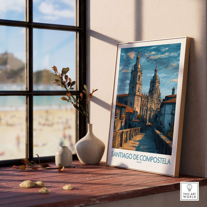 Santiago de Compostela Art Print | Galician Travel Poster displayed in a bright room with a beautiful view.