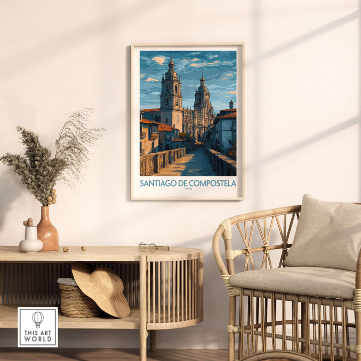 Santiago de Compostela Art Print | Galician Travel Poster displayed in a modern living room with cozy decor.