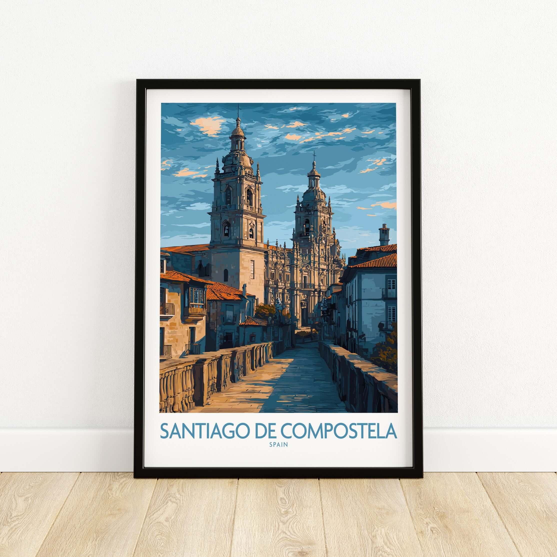 Santiago de Compostela Art Print | Galician Travel Poster featuring iconic landmarks and vibrant cityscapes.