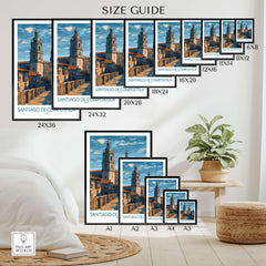 Santiago de Compostela Art Print | Galician Travel Poster size guide with various frame sizes displayed in a living room.