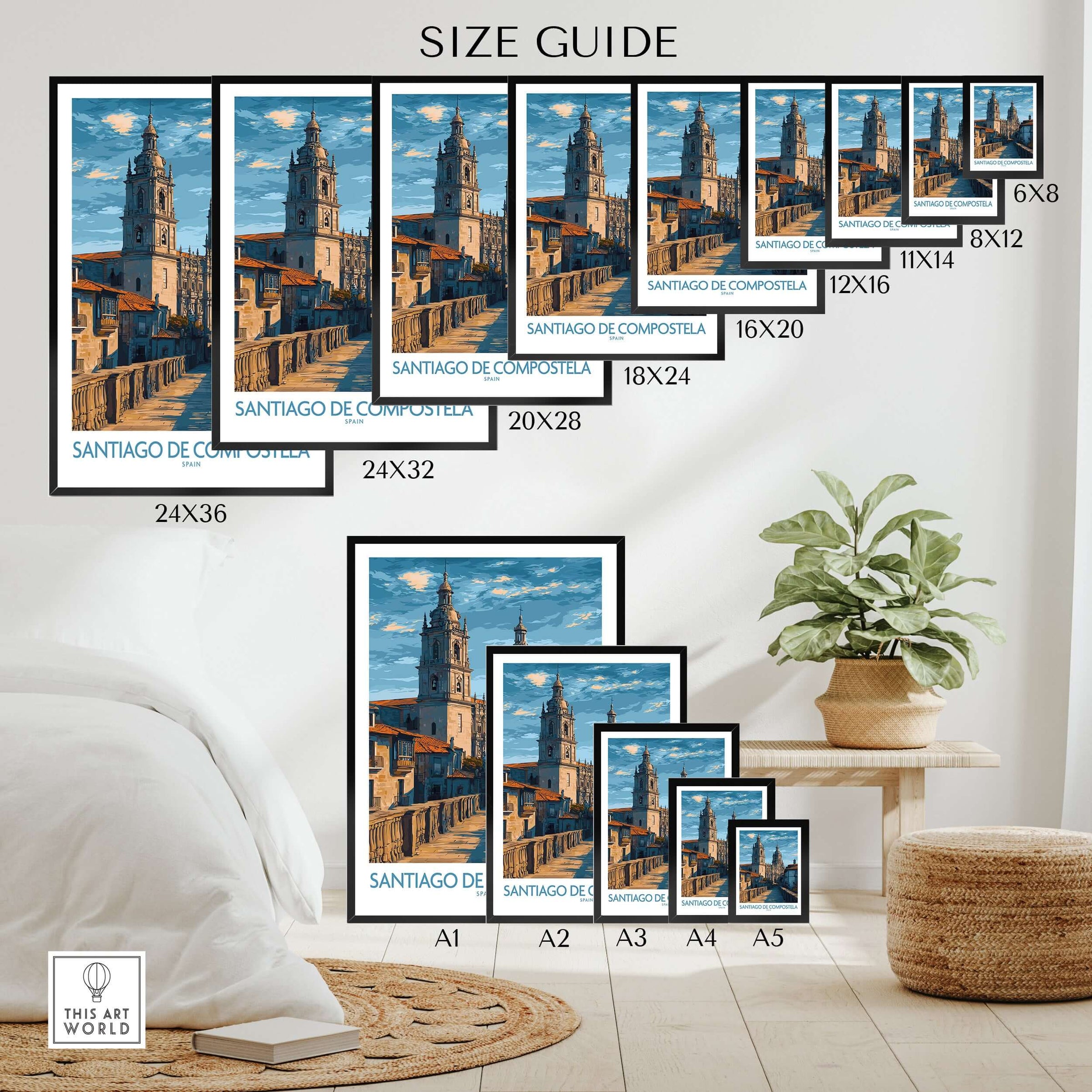 Santiago de Compostela Art Print | Galician Travel Poster size guide with various frame sizes displayed in a living room.