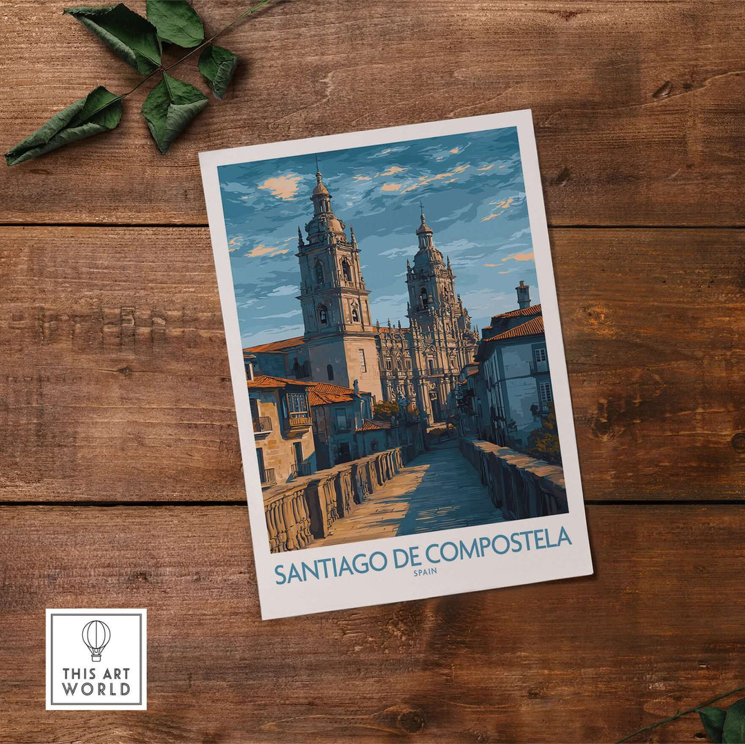 Santiago de Compostela Art Print | Galician Travel Poster depicting iconic landmarks and cityscapes.