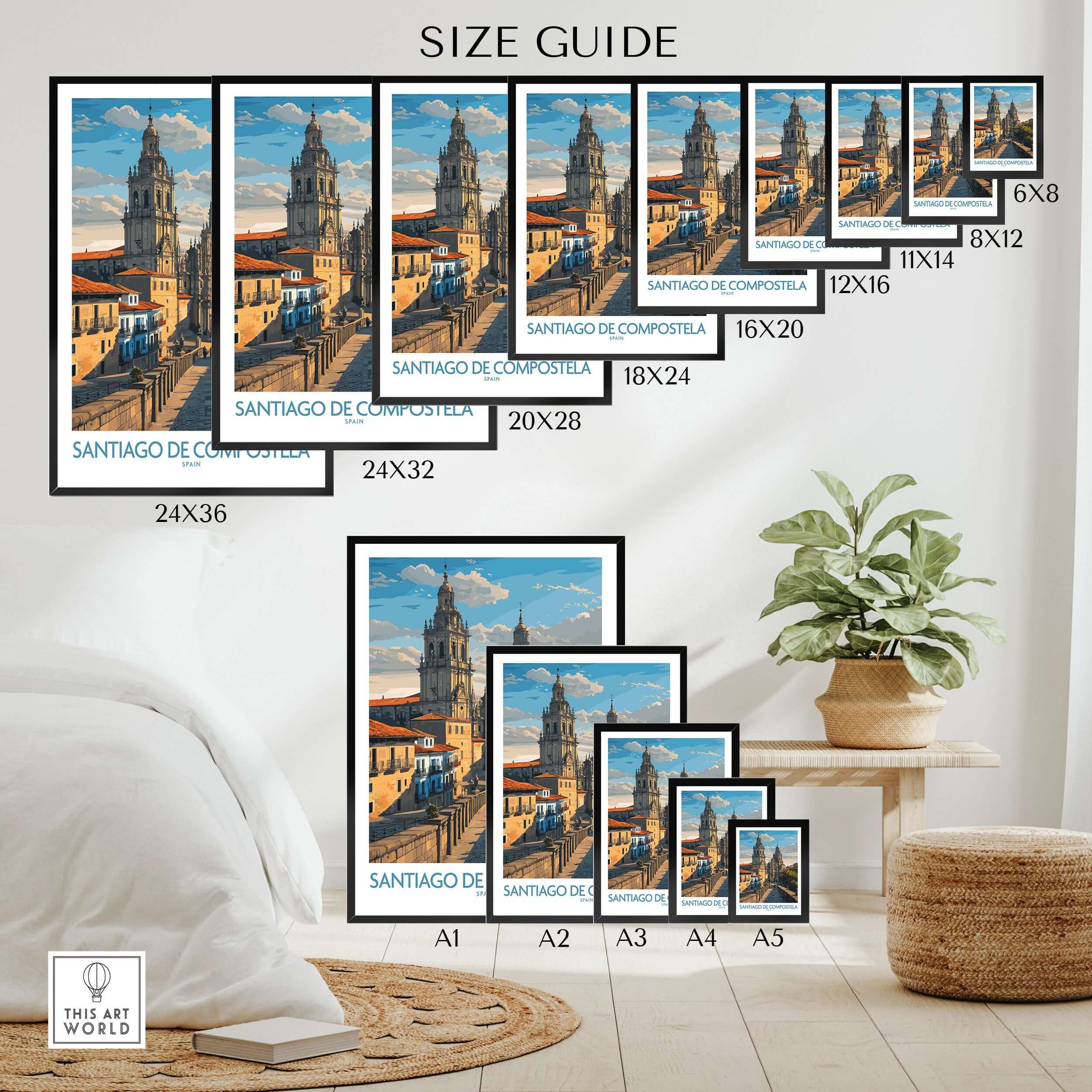 Santiago de Compostela Pilgrimage End Art Print | Cathedral Facade Poster size guide showing frame options.