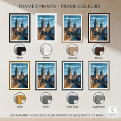 Santiago de Compostela Spain Print | Camino Wall Decor framed in various colors including black, white, natural, and brown.