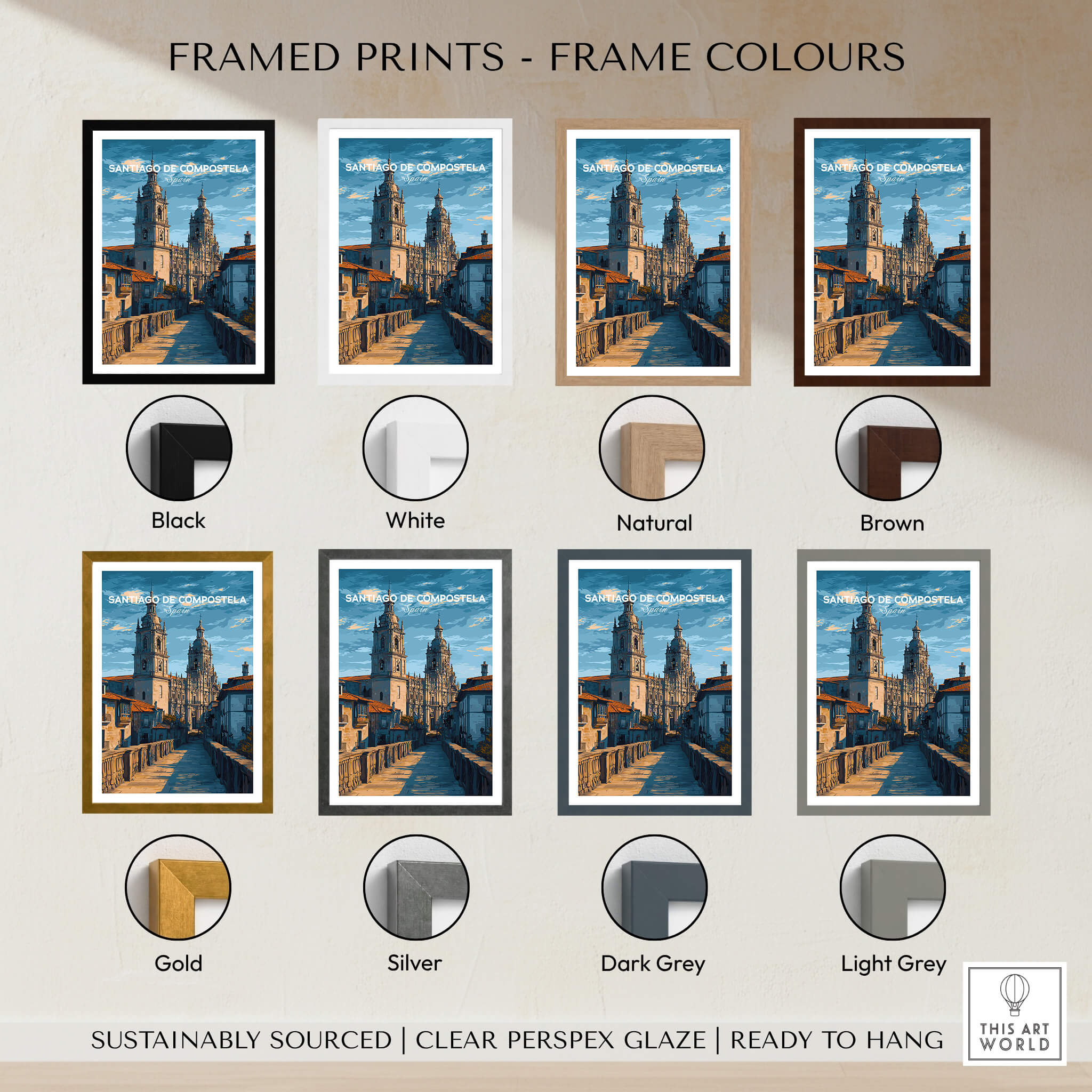 Santiago de Compostela Spain Print | Camino Wall Decor framed in various colors including black, white, natural, and brown.