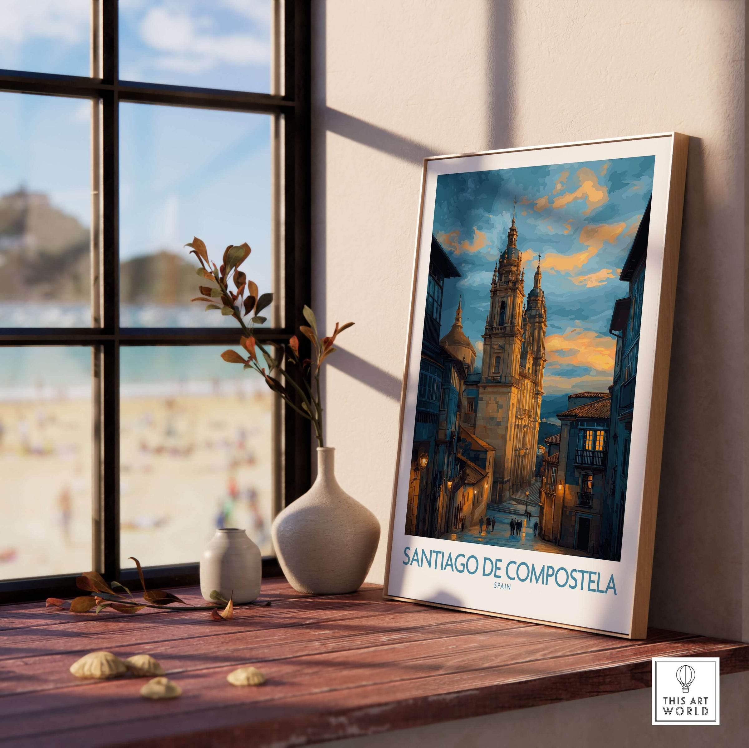Santiago de Compostela Cathedral Art Print | Cityscape Poster displayed on a wooden table near a window, showcasing its architectural beauty.