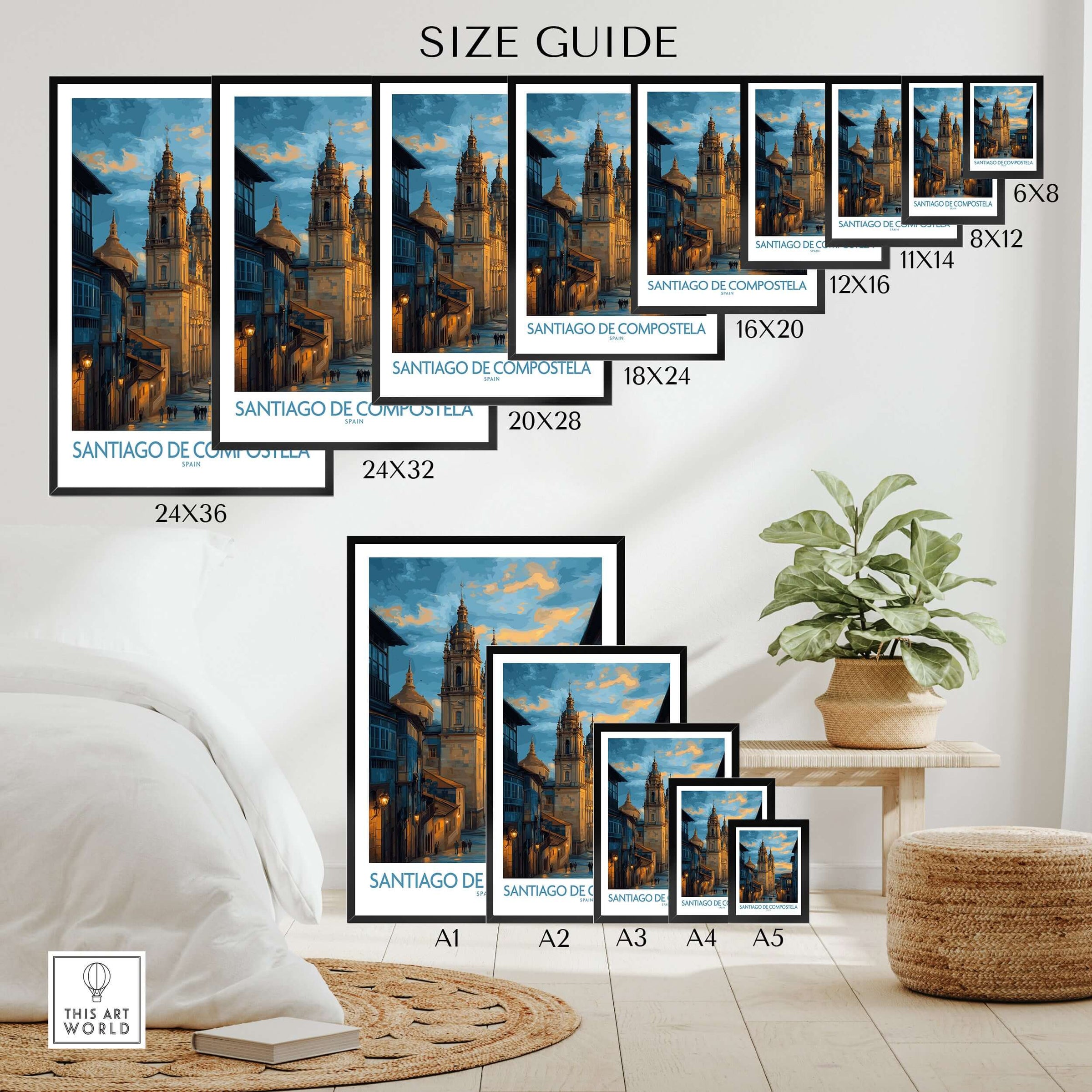 Santiago de Compostela Cathedral Art Print | Cityscape Poster size guide with various frame sizes.