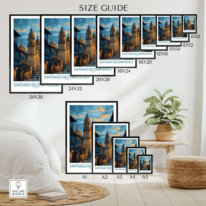 Santiago de Compostela Cathedral Art Print | Cityscape Poster size guide with various frame sizes displayed in a home setting.