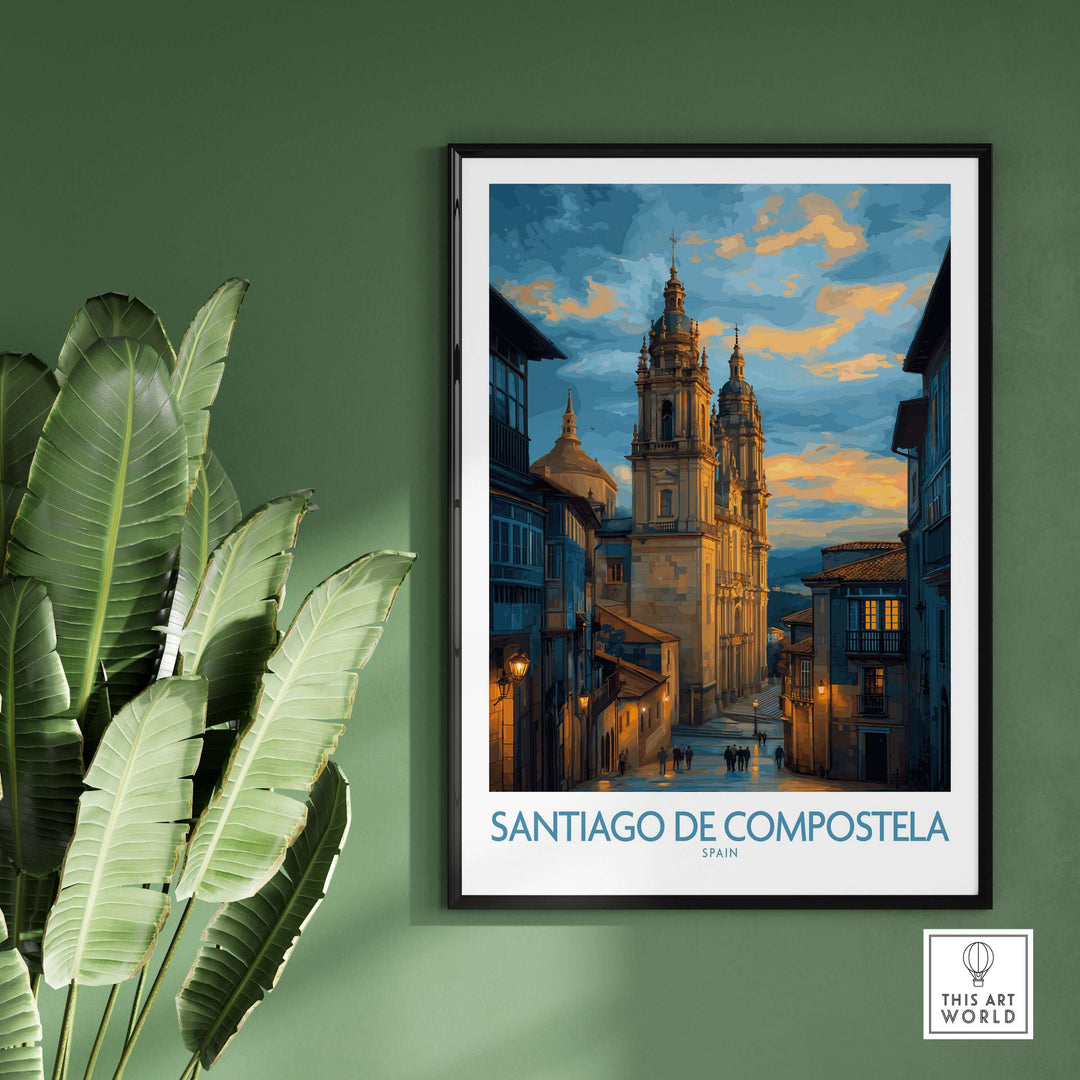 Santiago de Compostela Cathedral Art Print | Cityscape Poster displayed on a green wall near a plant.