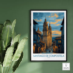 Santiago de Compostela Cathedral Art Print | Cityscape Poster featuring the iconic cathedral against a vibrant sky.