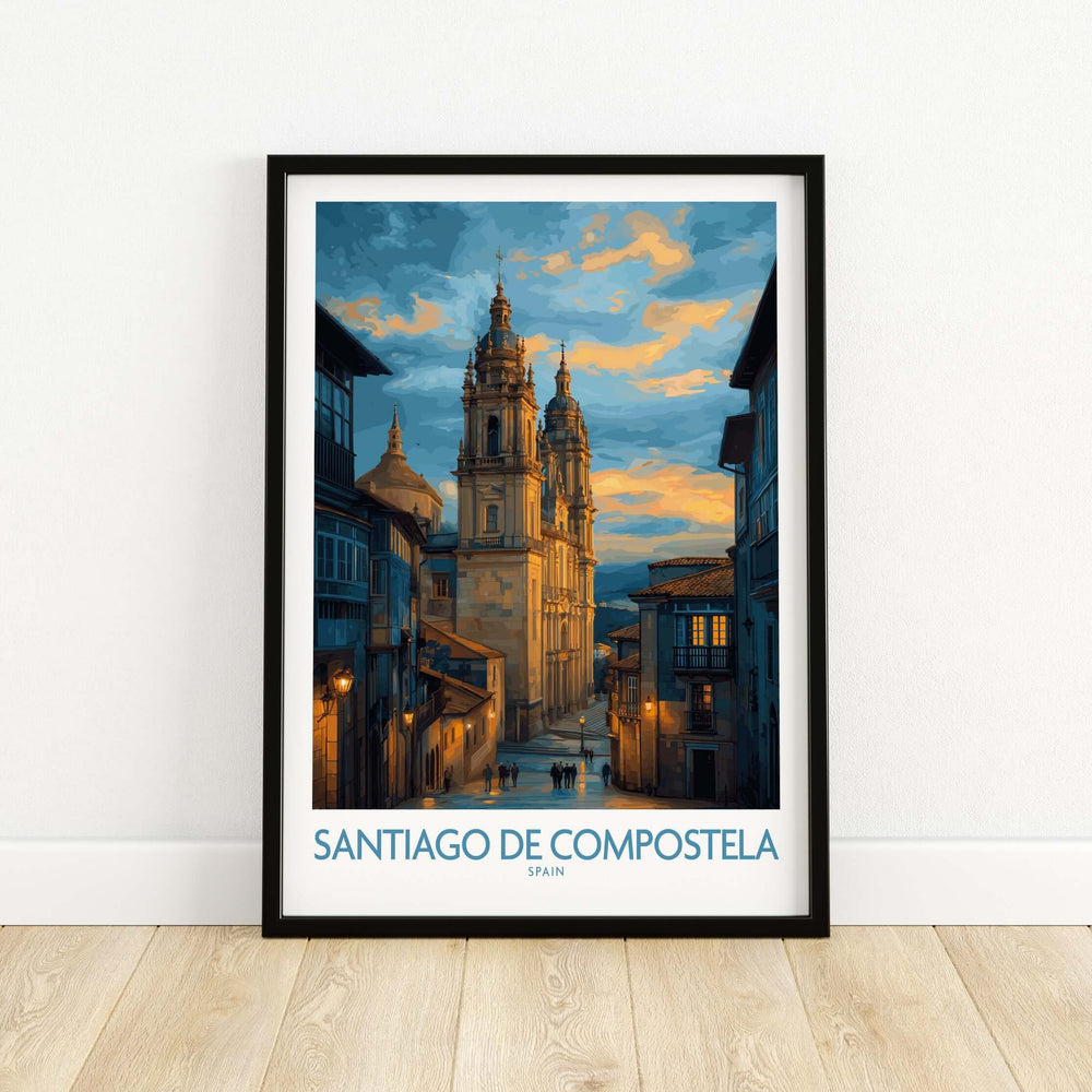 Santiago de Compostela Cathedral Art Print | Cityscape Poster featuring a stunning cathedral silhouette at sunset.