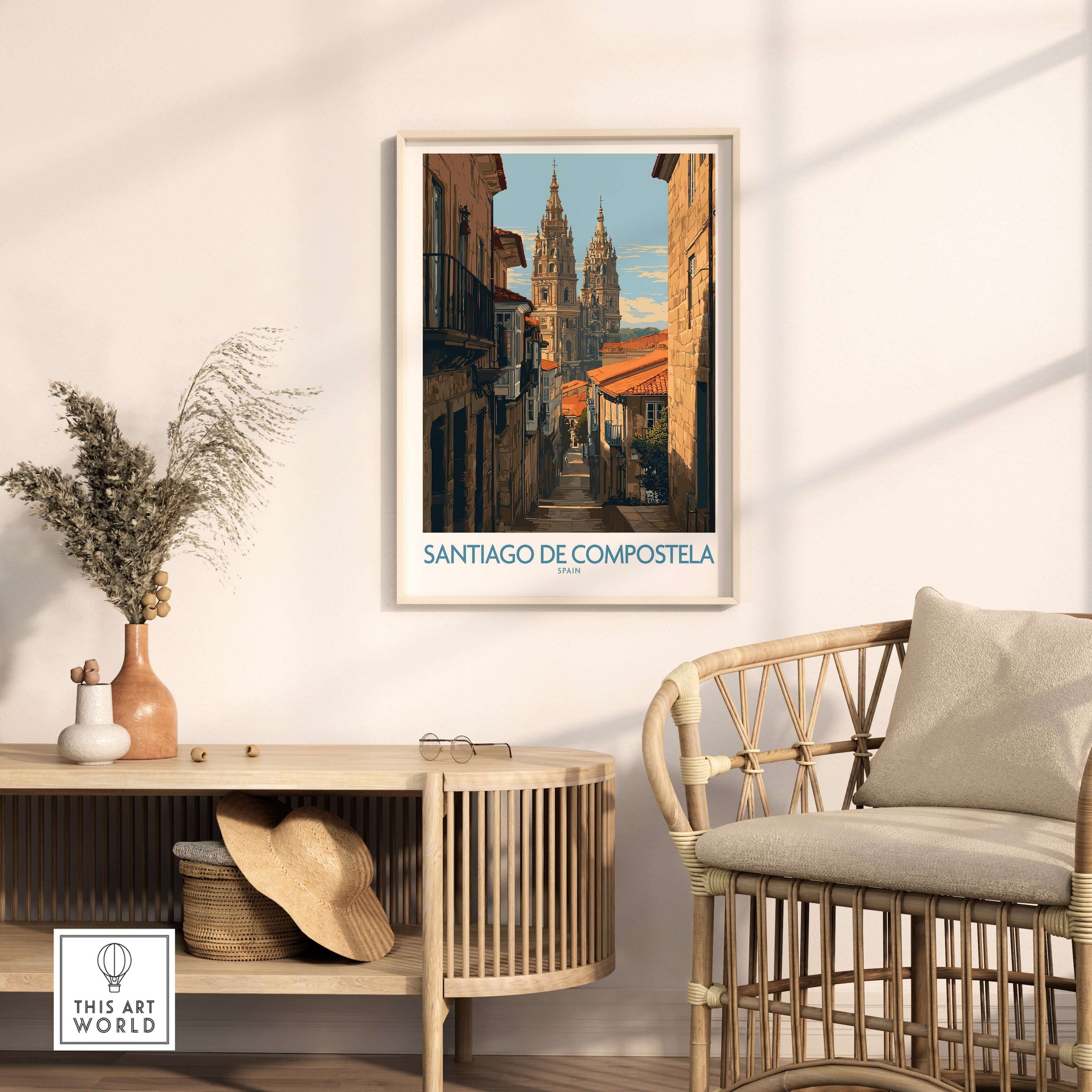 Santiago de Compostela Cathedral Art Print | Historic City Poster displayed in a cozy living room setting.