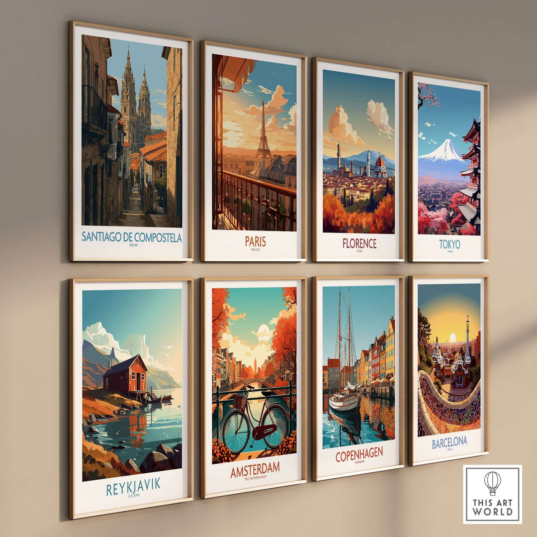 Santiago de Compostela Cathedral Art Print | Historic City Poster displayed among various travel-themed art prints.