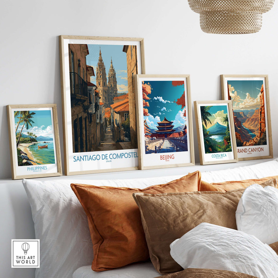 Santiago de Compostela Cathedral Art Print | Historic City Poster displayed among other travel-themed art prints.