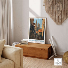 Santiago de Compostela Cathedral Art Print | Historic City Poster displayed in a stylish living room interior.