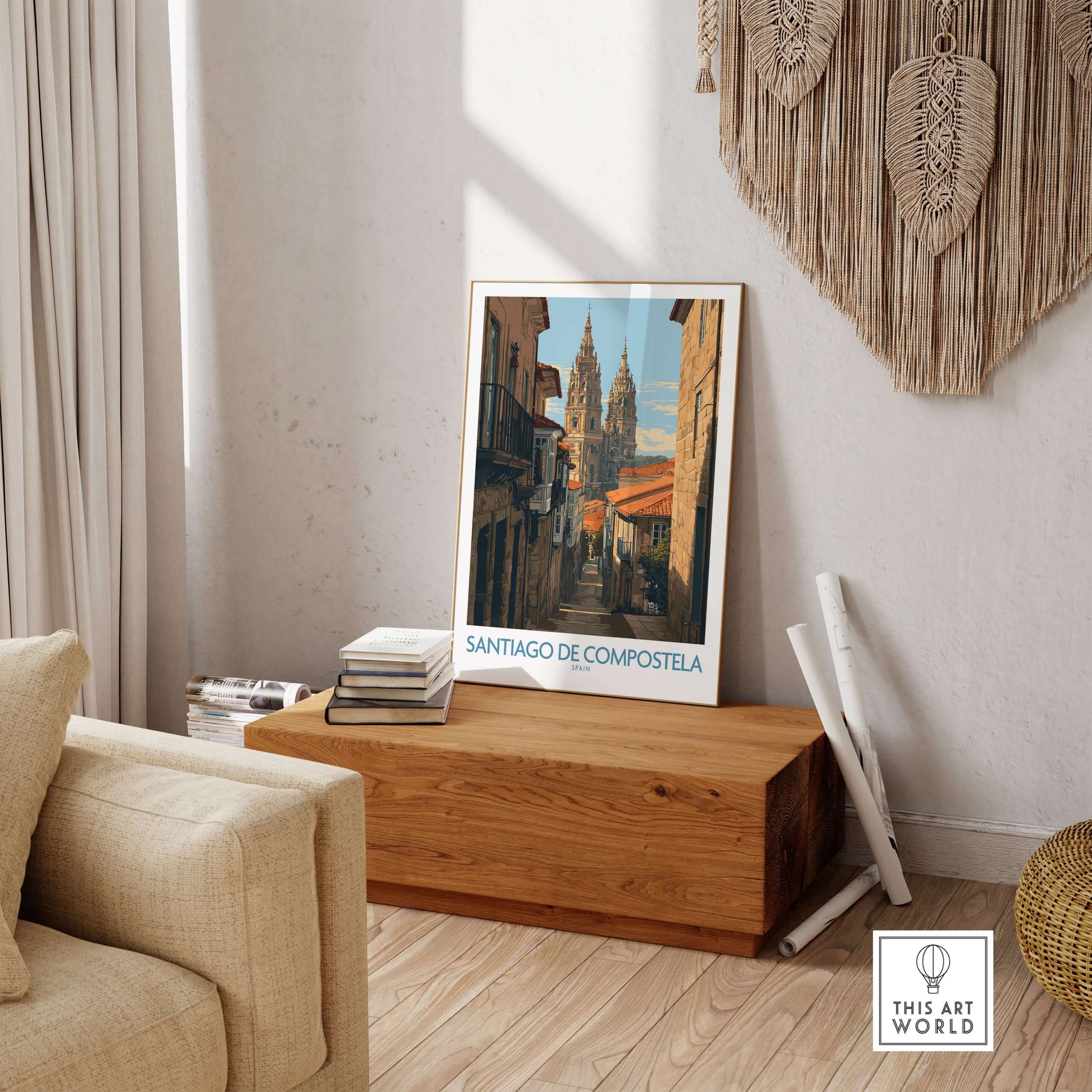 Santiago de Compostela Cathedral Art Print | Historic City Poster displayed in a stylish living room interior.