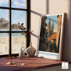 Santiago de Compostela Cathedral Art Print | Historic City Poster displayed in a cozy interior setting.