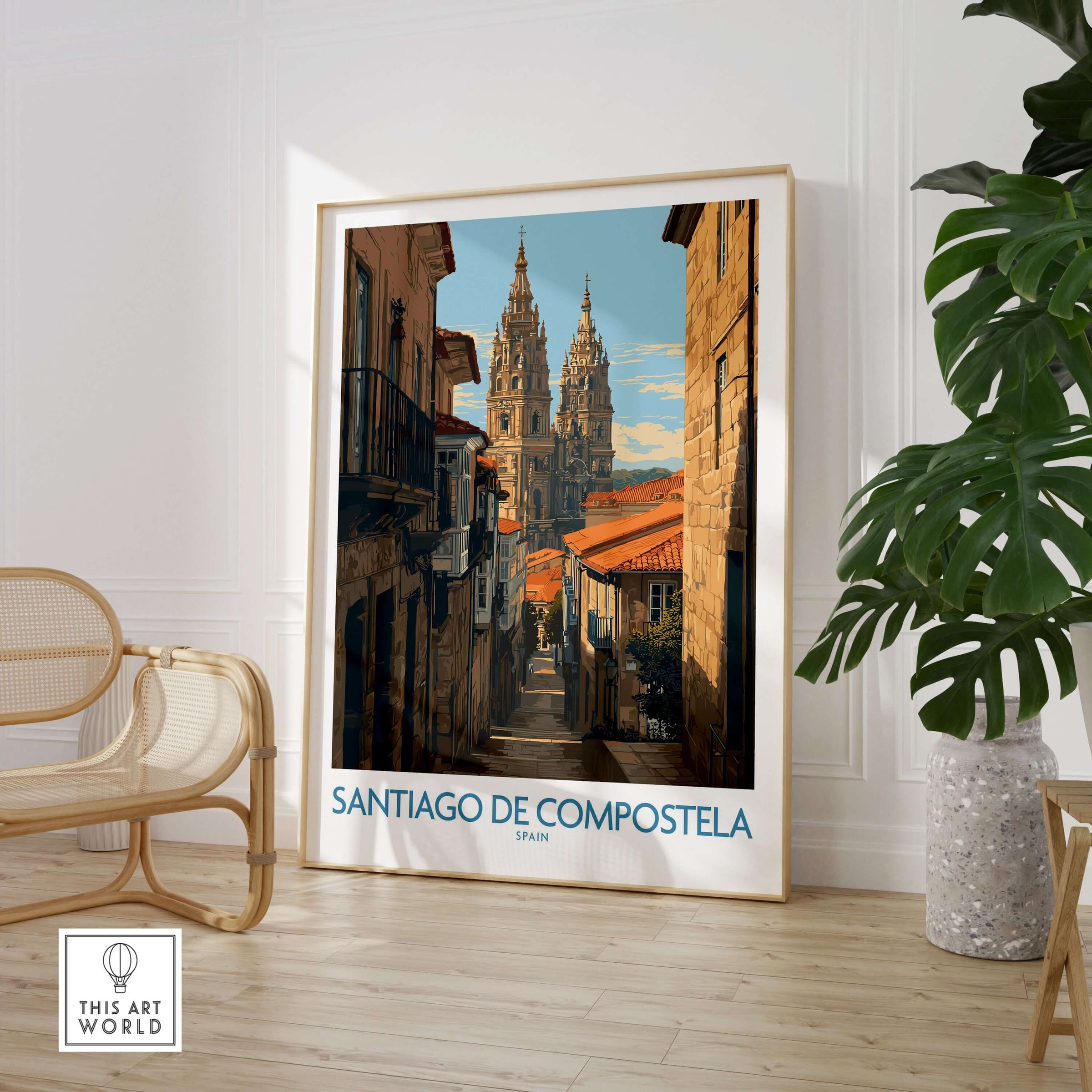 Santiago de Compostela Cathedral Art Print | Historic City Poster showcasing intricate architecture and vibrant city scenery.