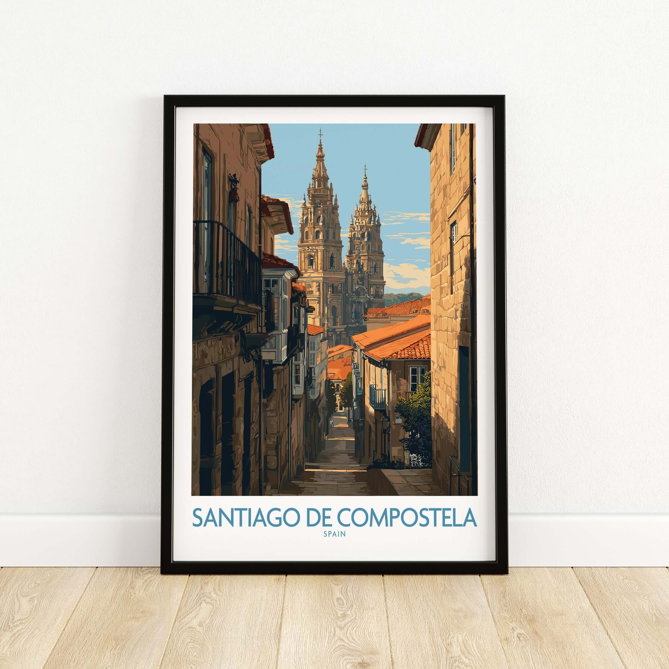 Santiago de Compostela Cathedral Art Print | Historic City Poster featuring the iconic cathedral in a charming street scene.