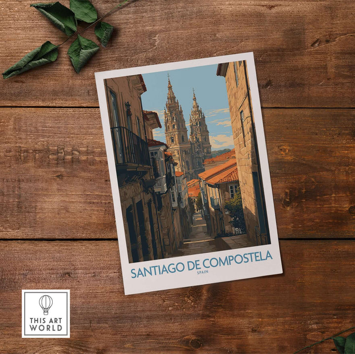 Santiago de Compostela Cathedral Art Print | Historic City Poster showcasing the cathedral in a historic street setting.