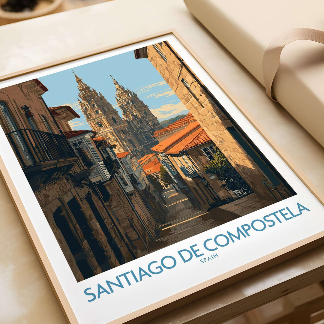 Santiago de Compostela Cathedral Art Print | Historic City Poster showcasing a street view of Santiago de Compostela in Spain.