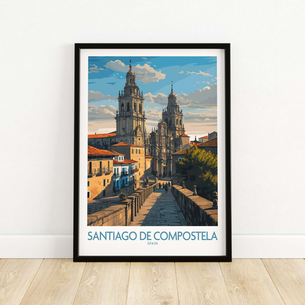 Santiago de Compostela Pilgrimage End Art Print | Cathedral Facade Poster showcasing the towering spires of Santiago de Compostela Cathedral.