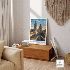 Santiago de Compostela Pilgrimage End Art Print | Cathedral Facade Poster displayed in a cozy living room setting.
