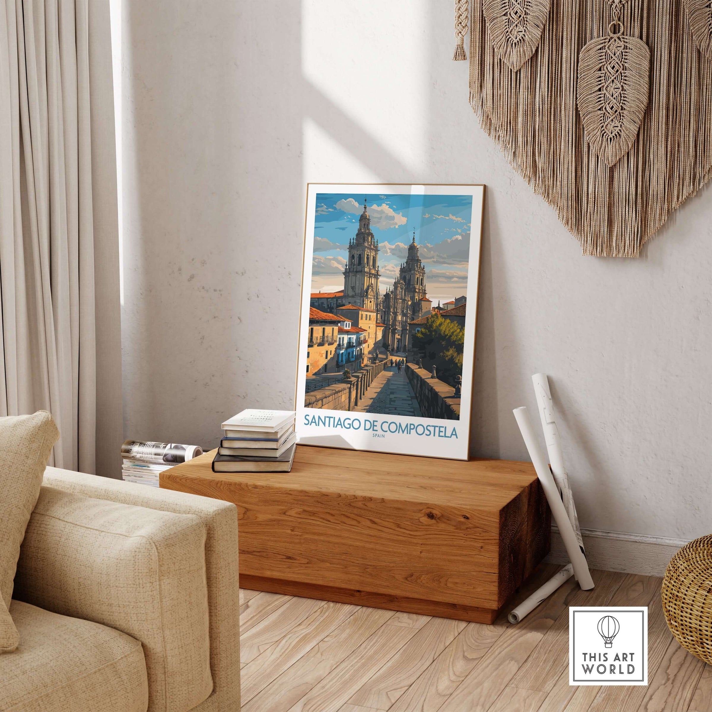 Santiago de Compostela Pilgrimage End Art Print | Cathedral Facade Poster displayed in a cozy living room setting.