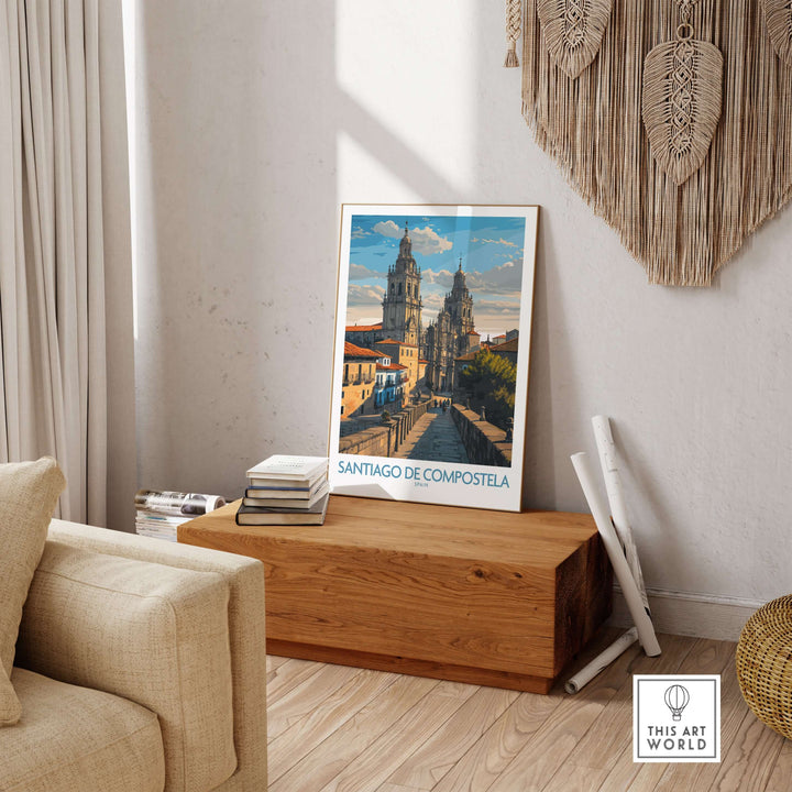 Santiago de Compostela Pilgrimage End Art Print | Cathedral Facade Poster displayed in a stylish living room setting.