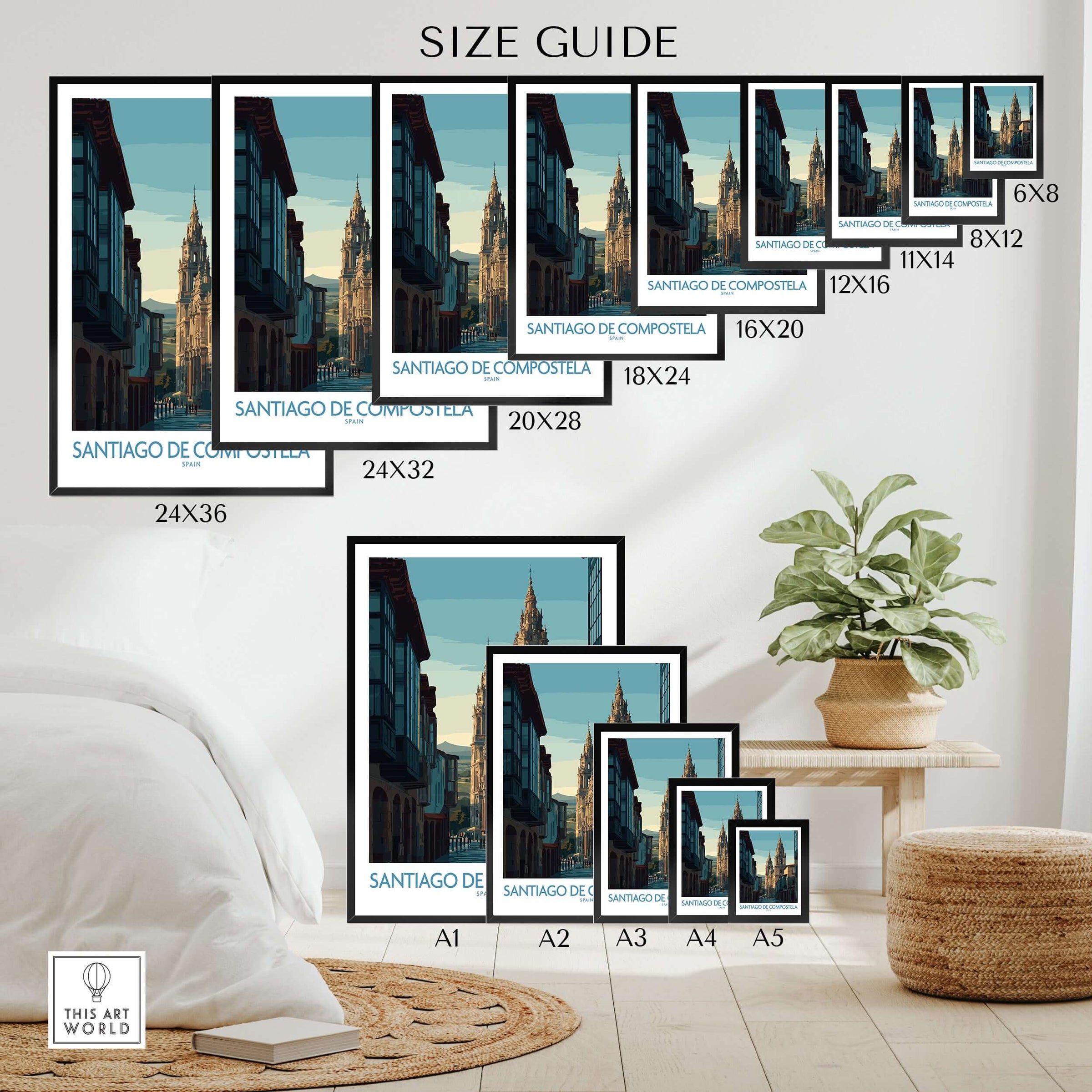 Size guide for Santiago de Compostela Spain Cathedral Street View Art Print | Pilgrim City Poster with frame dimensions.