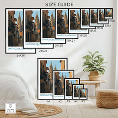Santiago de Compostela Cathedral Art Print | Historic City Poster size guide showcasing various frame sizes.