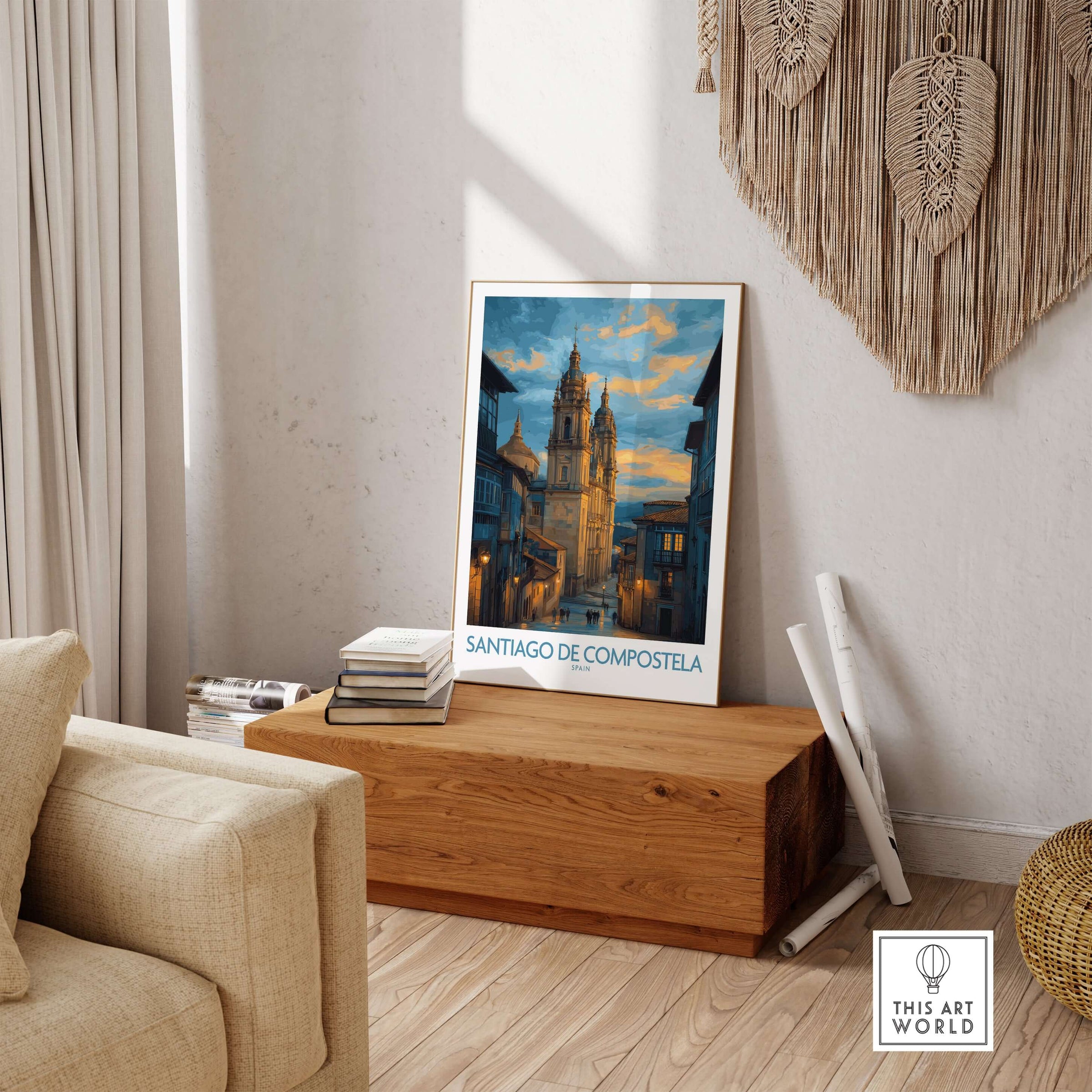 Santiago de Compostela Cathedral Art Print | Cityscape Poster displayed in a cozy living room setting.
