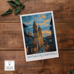 Santiago de Compostela Cathedral Art Print | Cityscape Poster showcasing the cathedral against a scenic sunset.