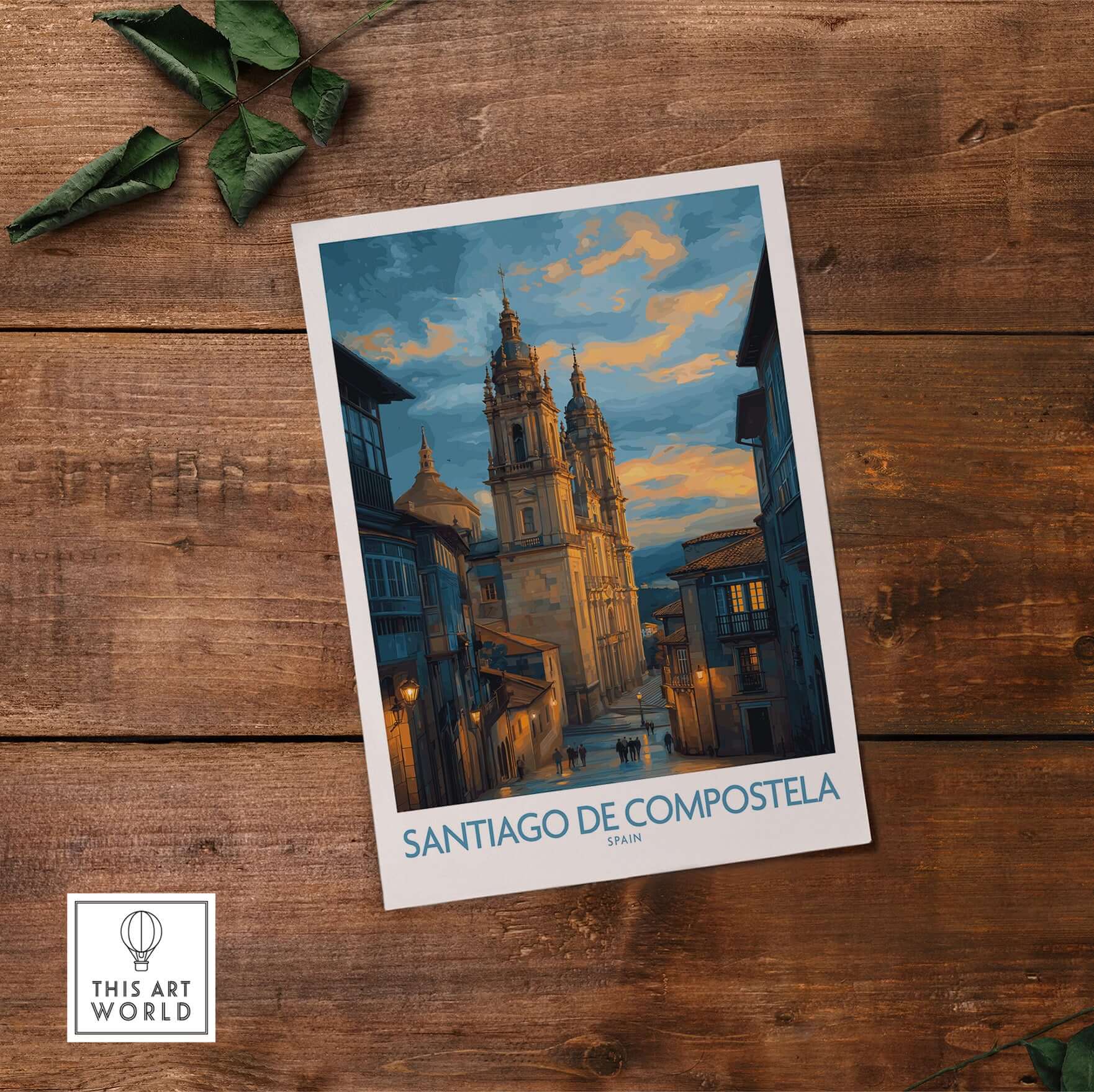 Santiago de Compostela Cathedral Art Print | Cityscape Poster showcasing the cathedral against a scenic sunset.