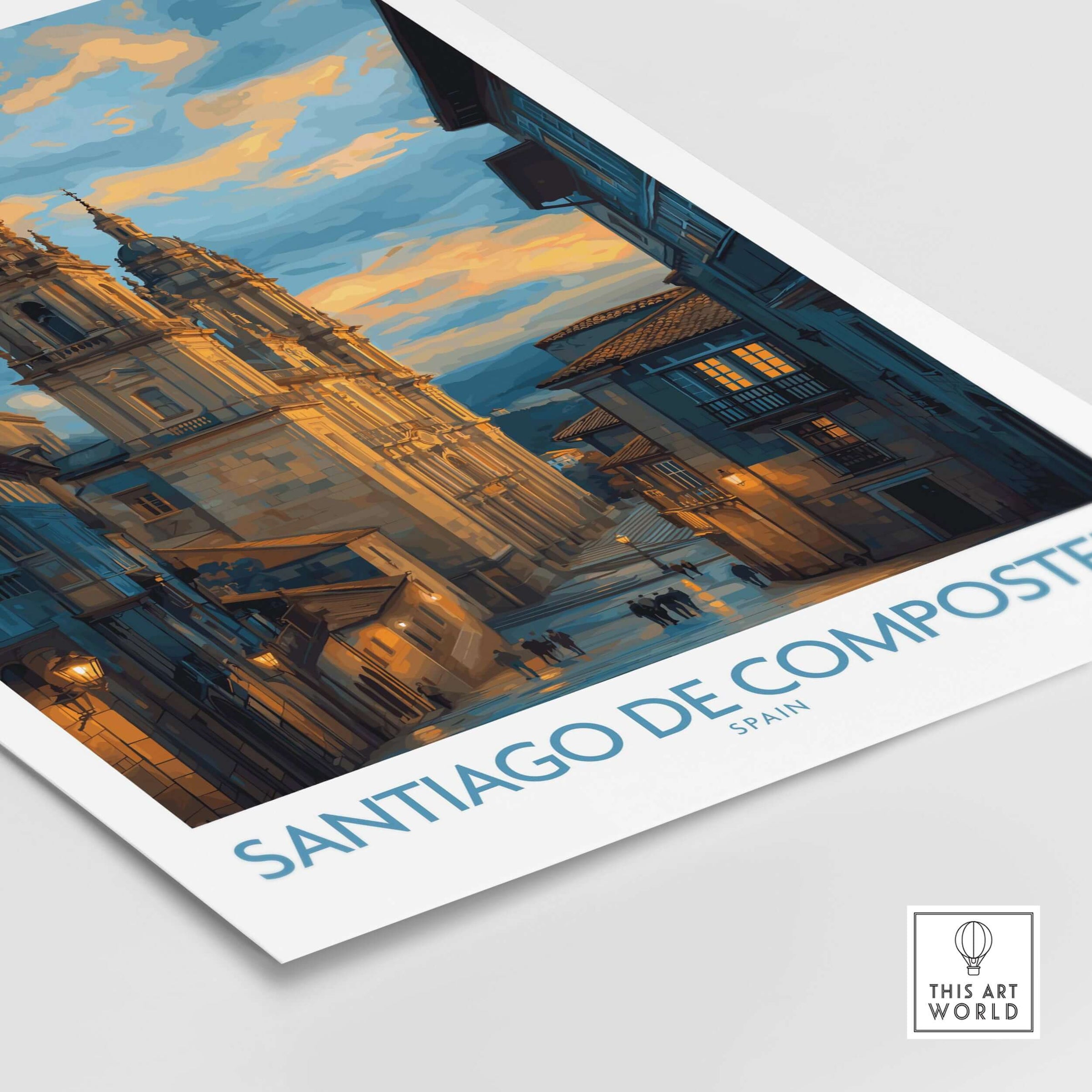 Santiago de Compostela Cathedral Art Print | Cityscape Poster showcasing a stunning view of the cathedral and street in Spain.