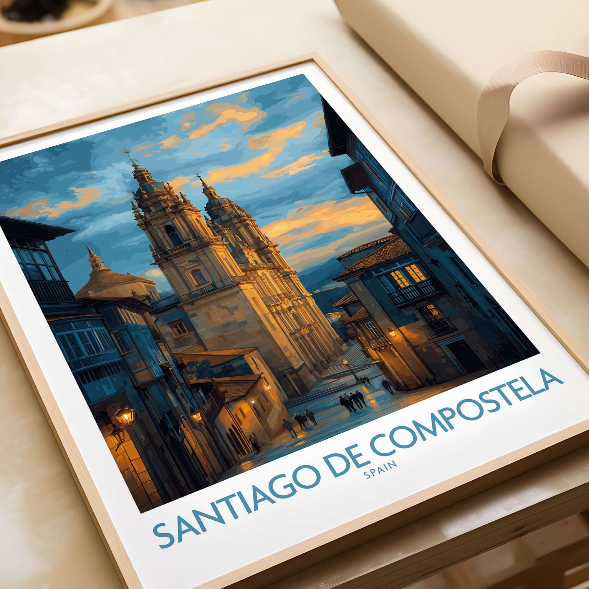 Santiago de Compostela Cathedral Art Print | Cityscape Poster showcasing the cathedral and city skyline in vibrant colors.