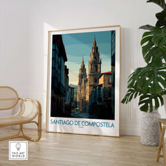 Santiago de Compostela Spain Cathedral Street View Art Print | Pilgrim City Poster framed in a modern living room.