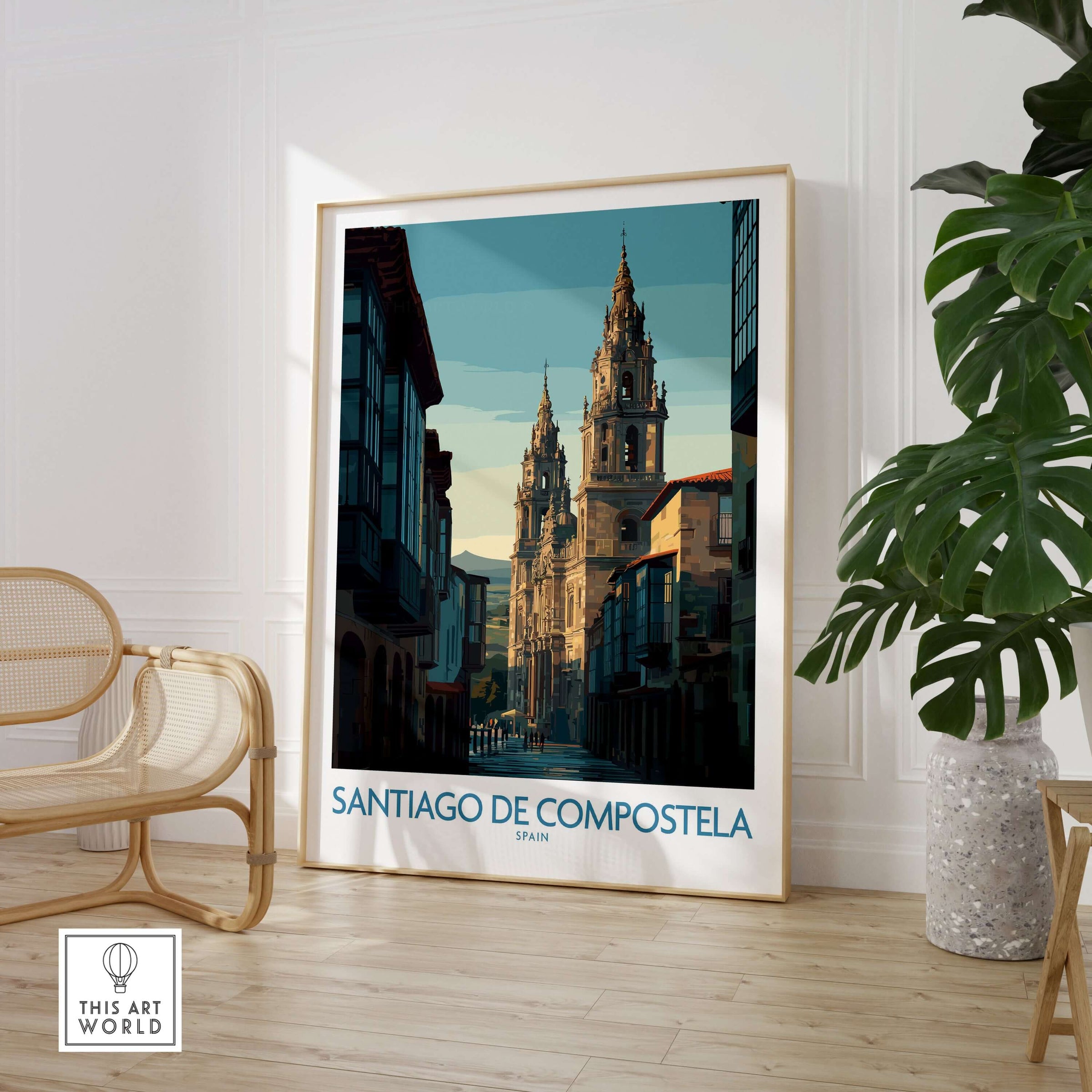 Santiago de Compostela Spain Cathedral Street View Art Print | Pilgrim City Poster framed in a modern living room.