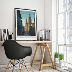 Santiago de Compostela Spain Cathedral Street View Art Print | Pilgrim City Poster displayed in a modern office setting.