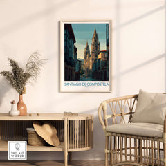 Santiago de Compostela Spain Cathedral Street View Art Print | Pilgrim City Poster displayed in a stylish living room setting.