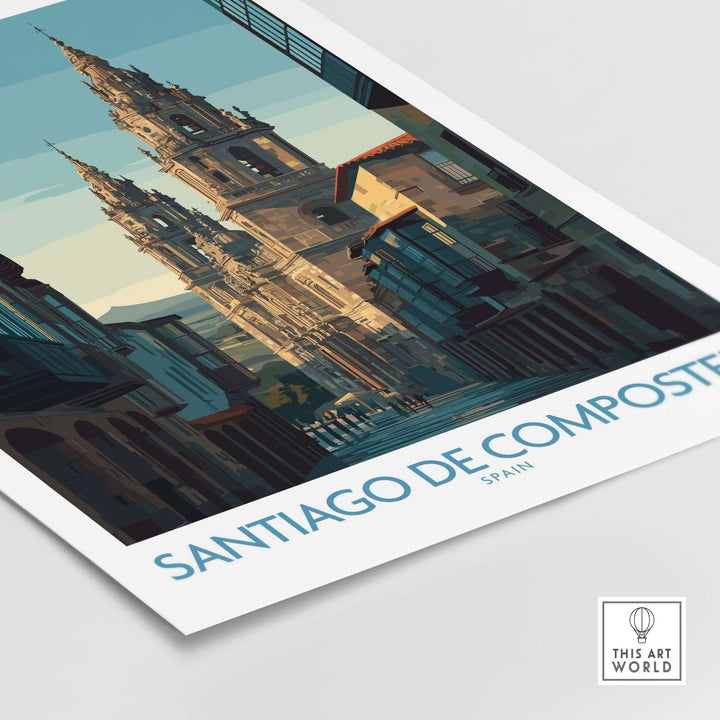 Santiago de Compostela Spain Cathedral Street View Art Print | Pilgrim City Poster showcasing the historic cathedral architecture.